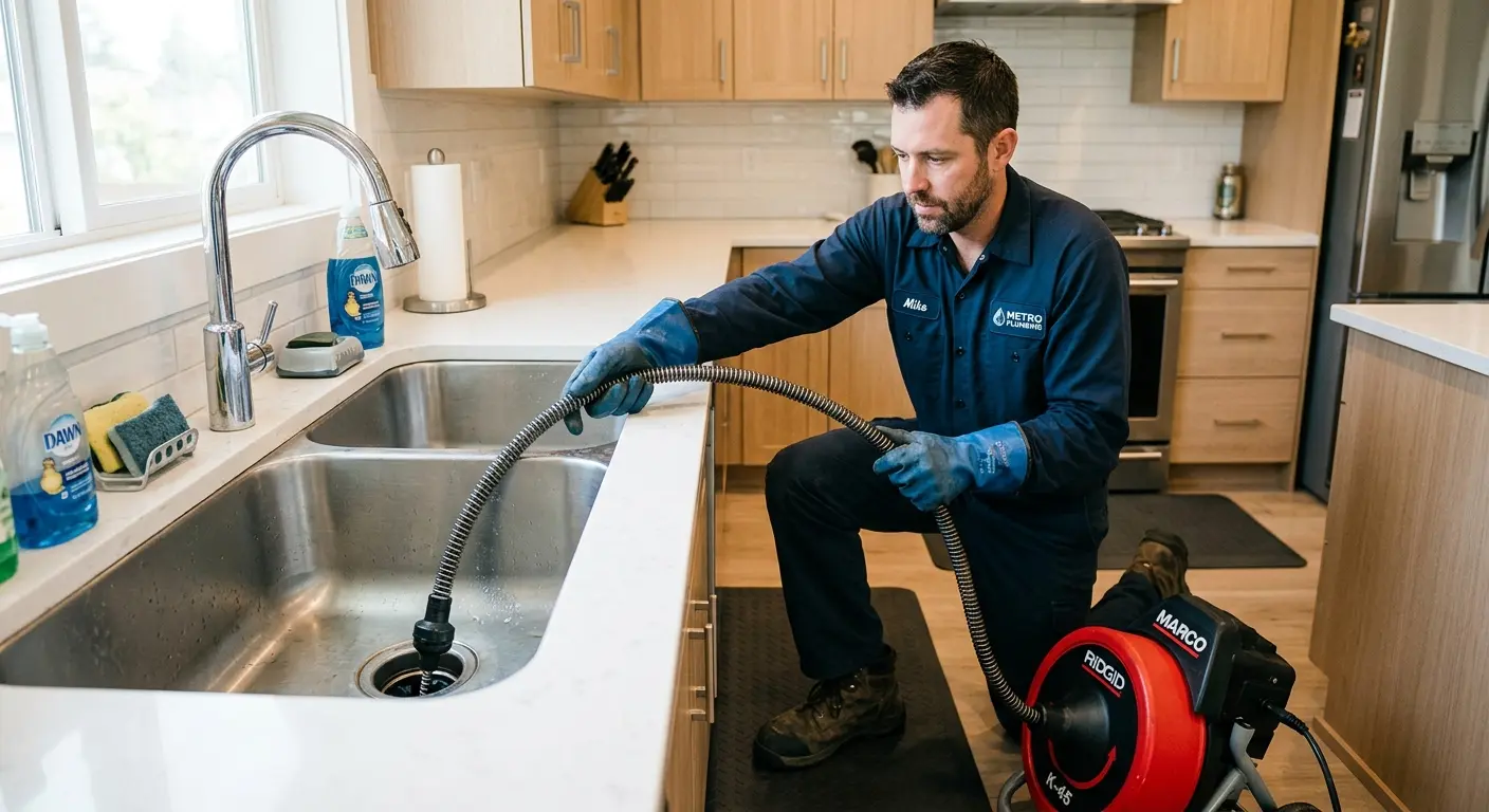 Drain cleaning technician using a motorized snake on a kitchen sink in Umatilla