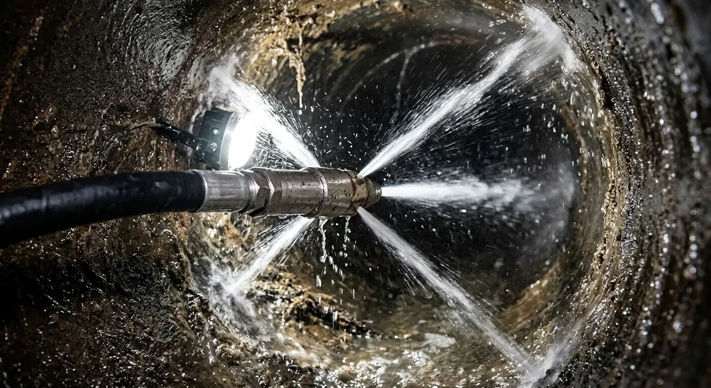 High-pressure hydro jetting nozzle cleaning sewer pipe for Emergency Drain Service in Umatilla