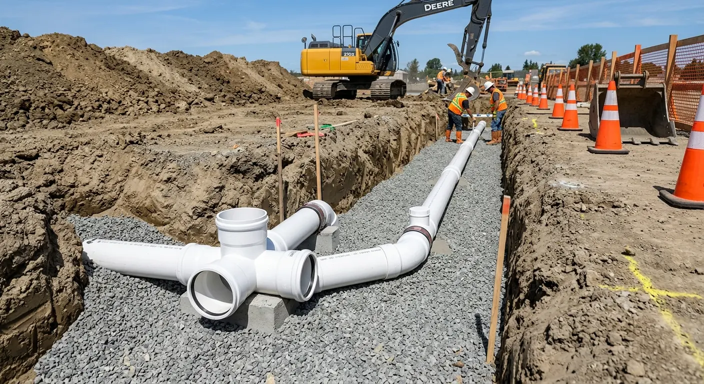 New PVC sewer pipe installation in open trench for Commercial Drain Cleaning in Umatilla