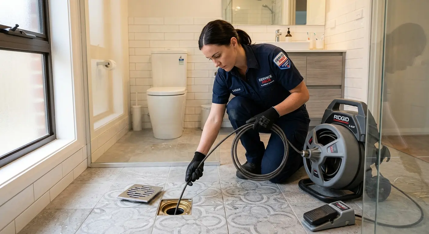 Technician clearing a bathroom floor drain for Sewer Line Replacement in Umatilla